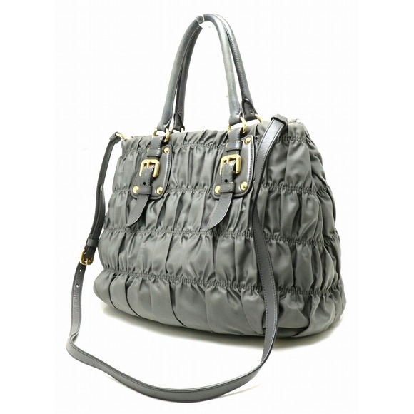 Prada Gray Ardesia Tessuto Nylon Gathered Handbag Leather Gaufre - Picture 1 of 9